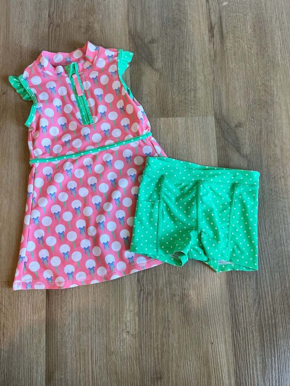 RuffleButts, Tee Time Toddler Girl Golf Active Dress & Shorts Set, Pink/Green 4T